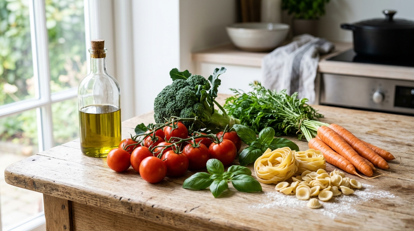 Färska råvaror och ingredienser prydligt arrangerade på ett rustikt träbord